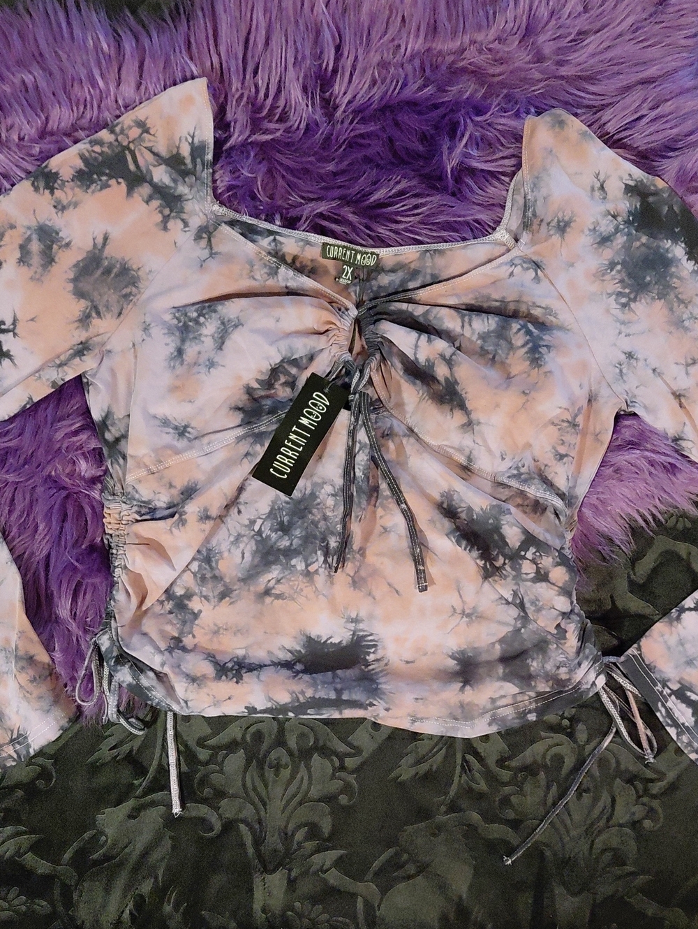 DOLLSKILL Current Mood 2X PURPLE & Gray Tie-Dye Ruched Crop Top LONG SLEEVES